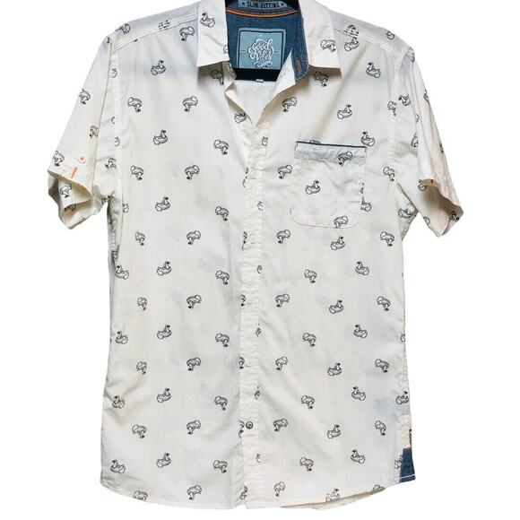 Good Vibes Cream Duck Print Slim Fit Button Down Short Sleeve Shirt - Picture 1 of 10